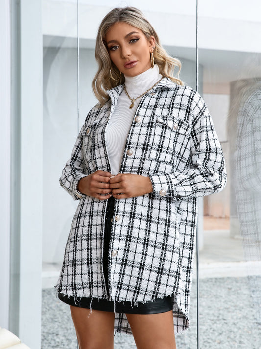 Ivy Lane Plaid Pocketed Button Up Dropped Shoulder Jacket-Angel Casuals