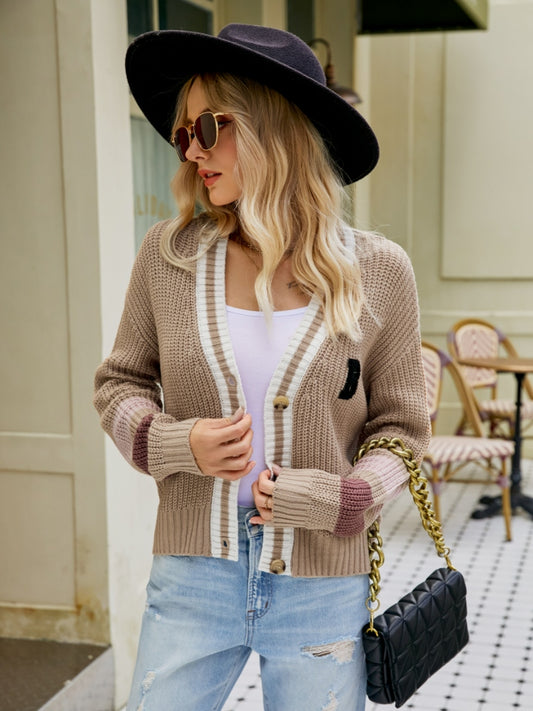 Contrast Button Up Dropped Shoulder Cardigan-Angel Casuals