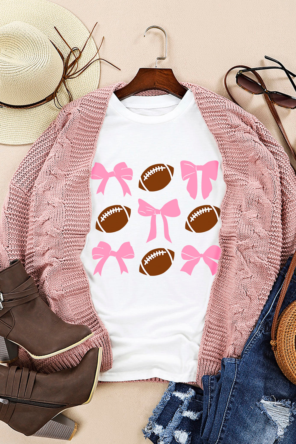 Football & Bow Round Neck Short Sleeve T-Shirt-Angel Casuals