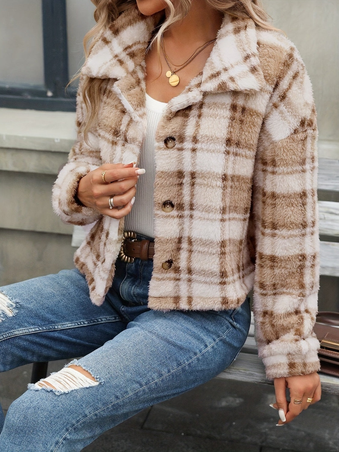 Plaid Button Up Collared Neck Long Sleeve Jacket-Angel Casuals