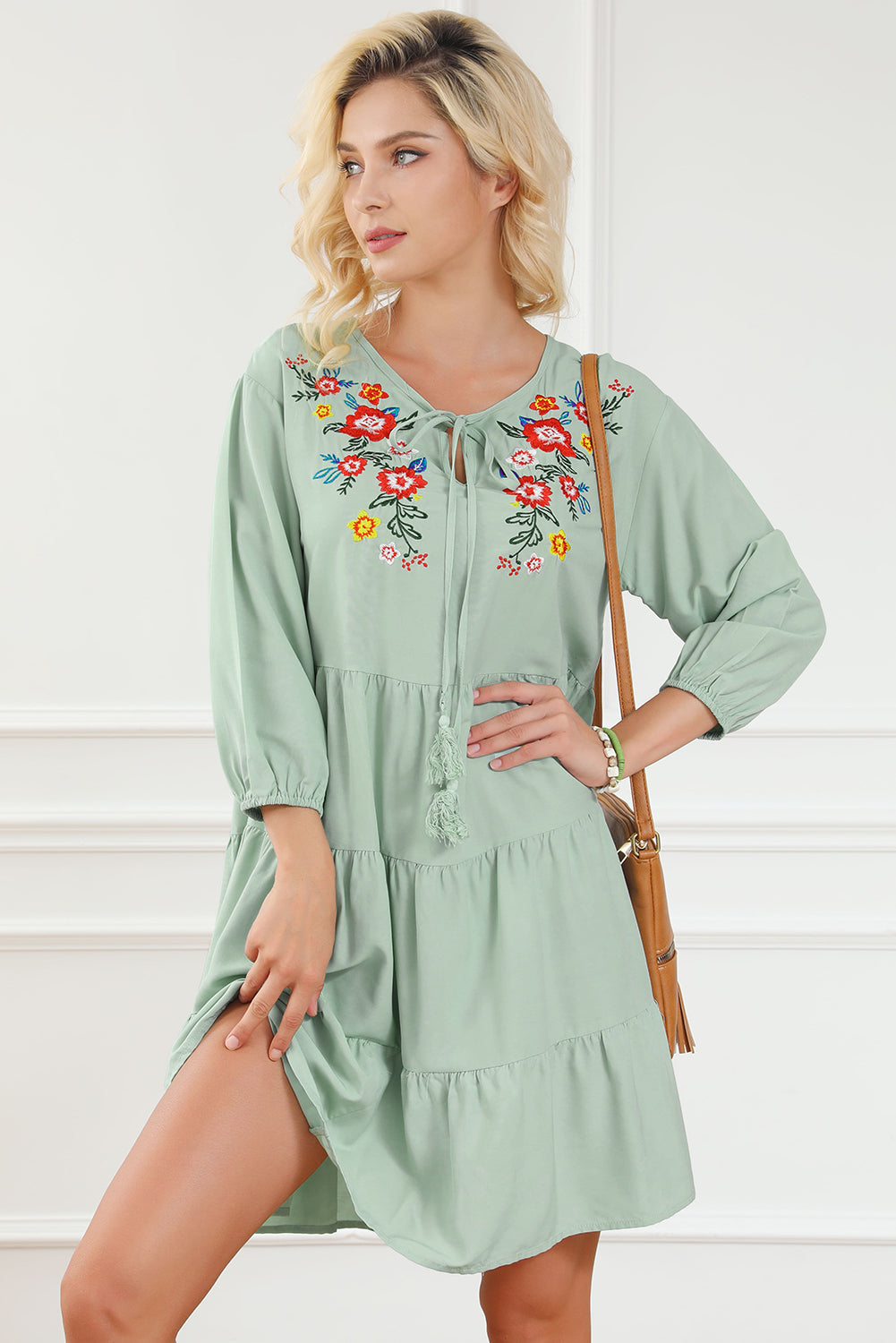 Embroidered Tie Neck Dropped Shoulder Mini Dress-Angel Casuals