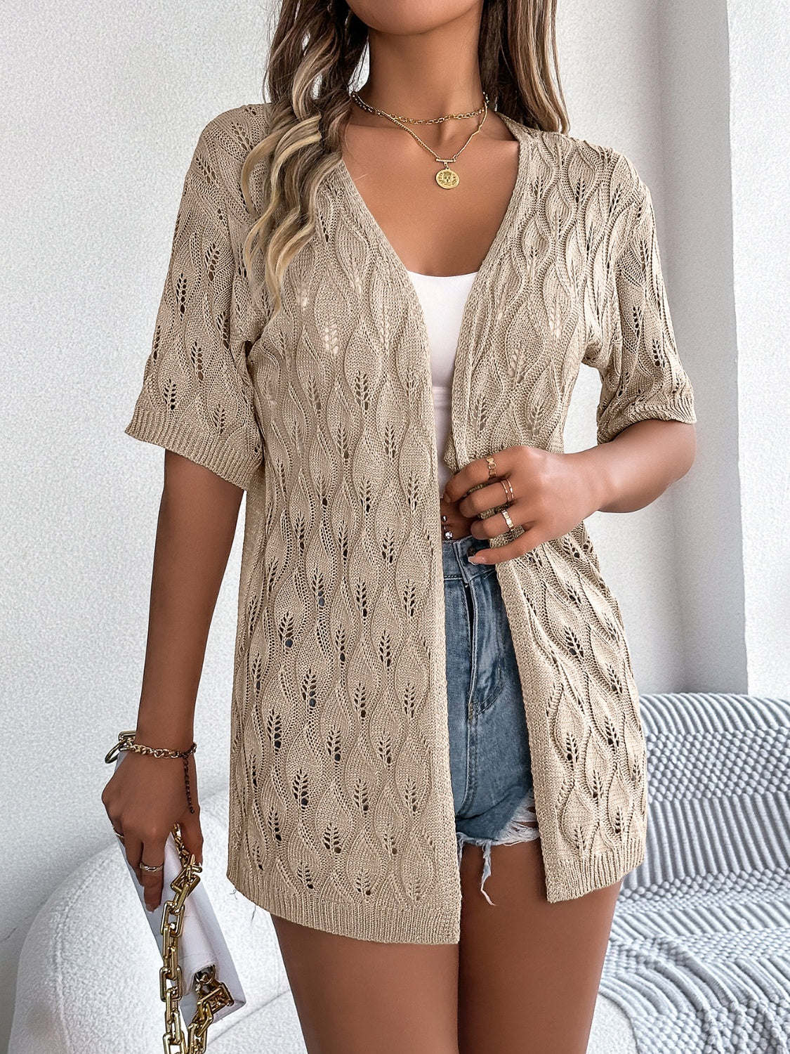 Openwork Open Front Short Sleeve Cardigan-Angel Casuals