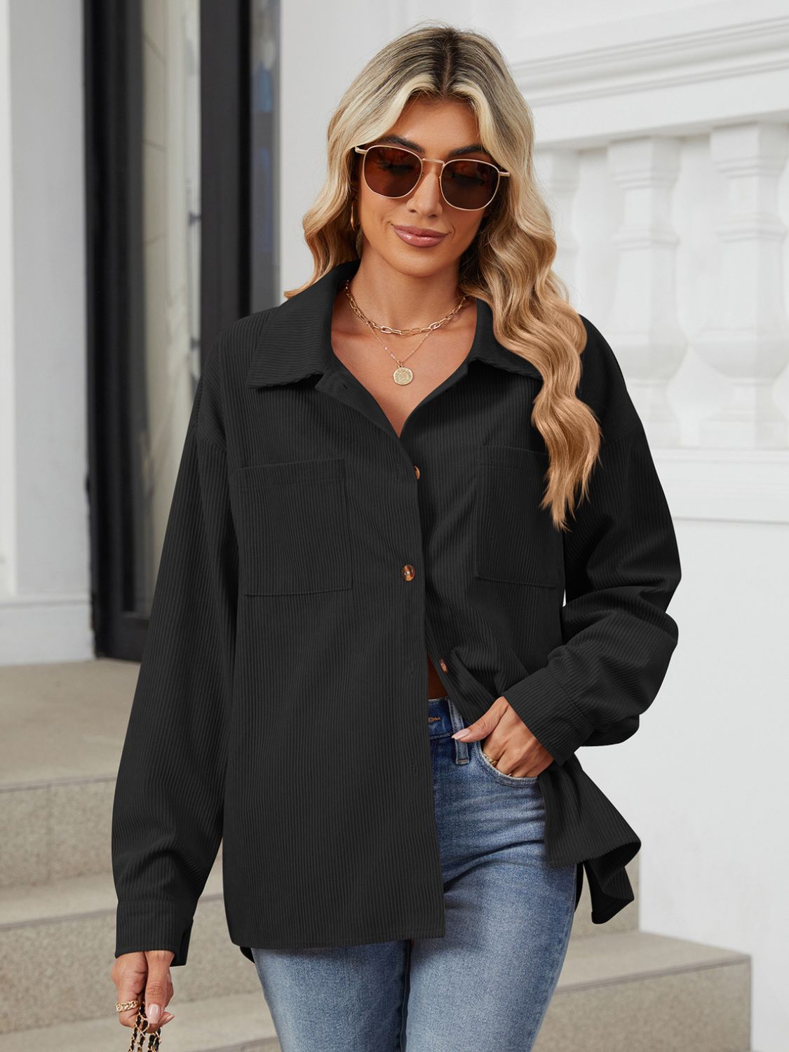 Button Up Dropped Shoulder Long Sleeve Outerwear-Angel Casuals