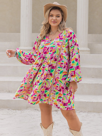 Plus Size Printed V-Neck Balloon Sleeve Mini Dress-Angel Casuals