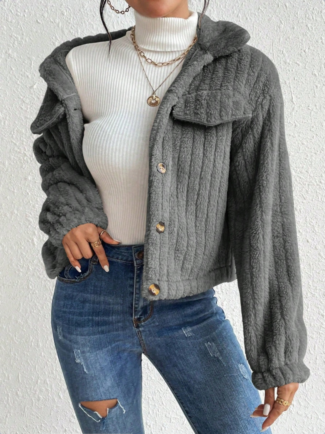 Fuzzy Button Up Collared Neck Jacket-Angel Casuals