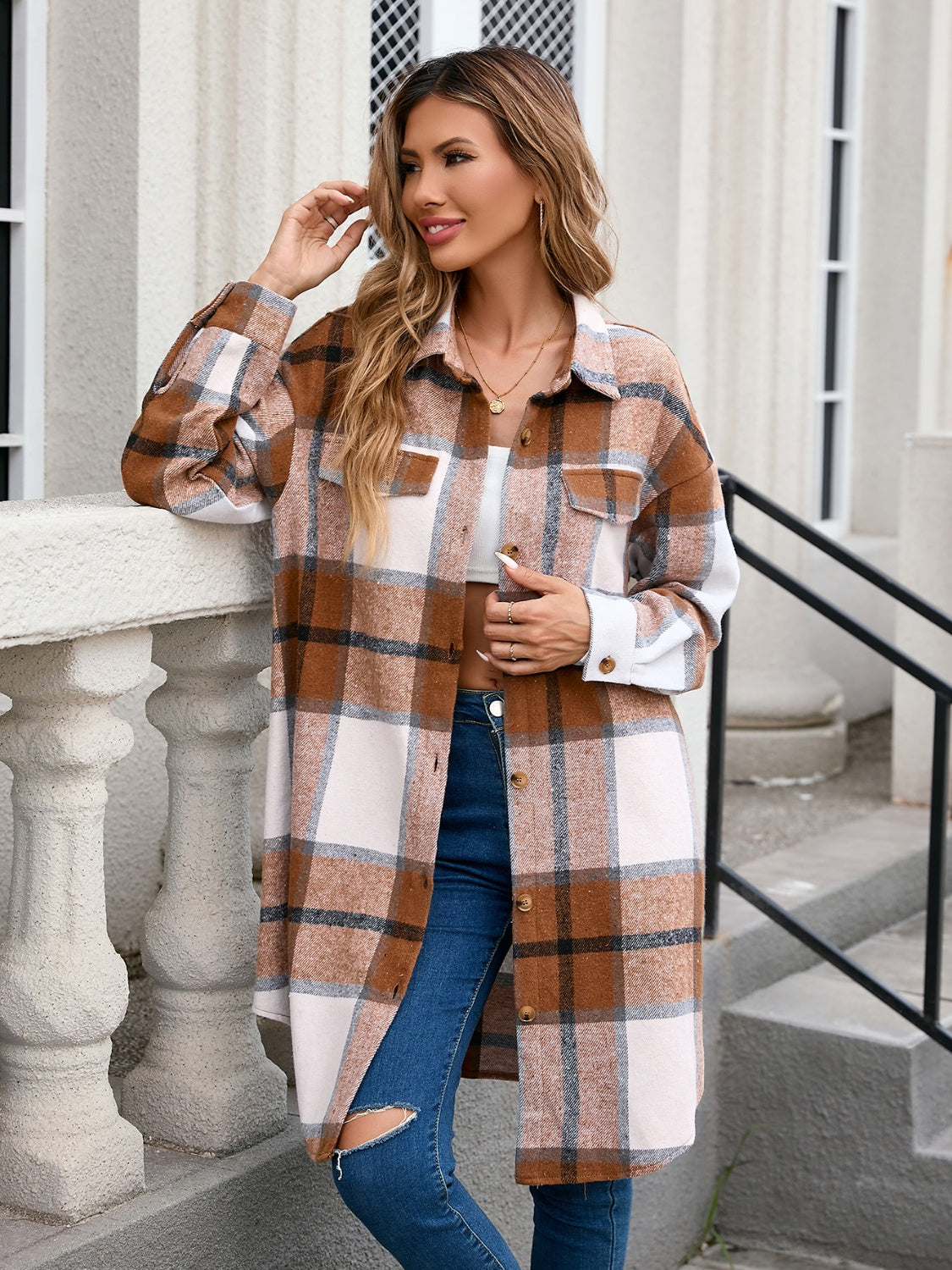Plaid Button Up Long Sleeve Longline Outerwear-Angel Casuals