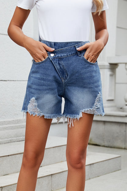 Distressed Raw Hem Asymmetric Waist Denim Shorts-Angel Casuals