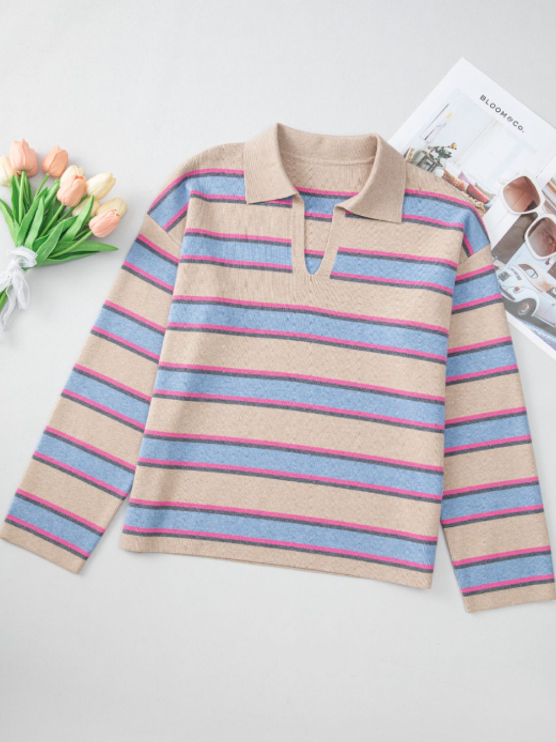 Johnny Collar Long Sleeve Stripe Sweater-Angel Casuals