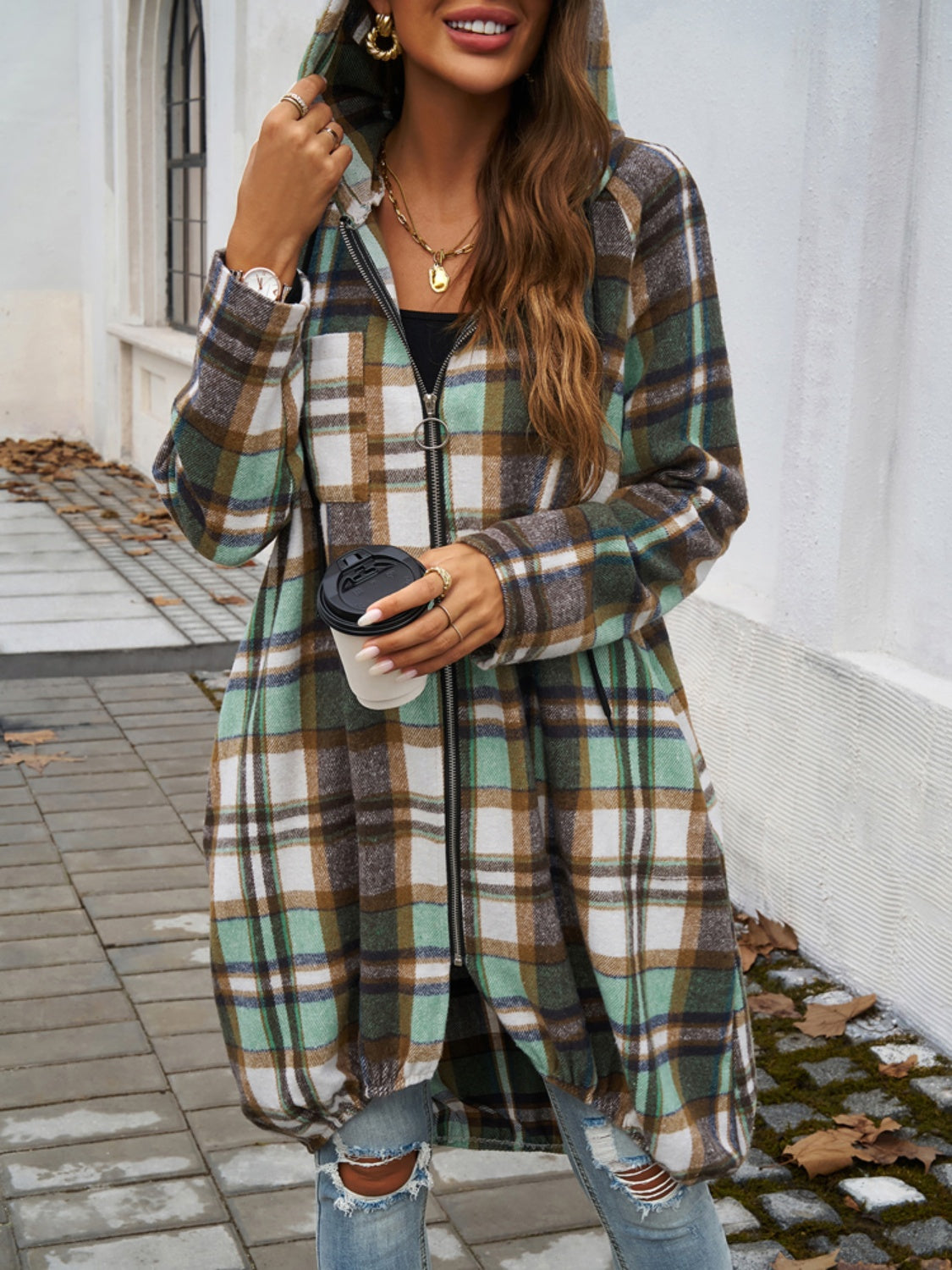 Devine Plaid Zip Up Hooded Coat-Angel Casuals