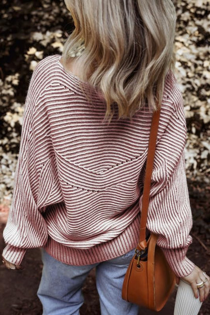Textured Striped Round Neck Long Sleeve Top-Angel Casuals