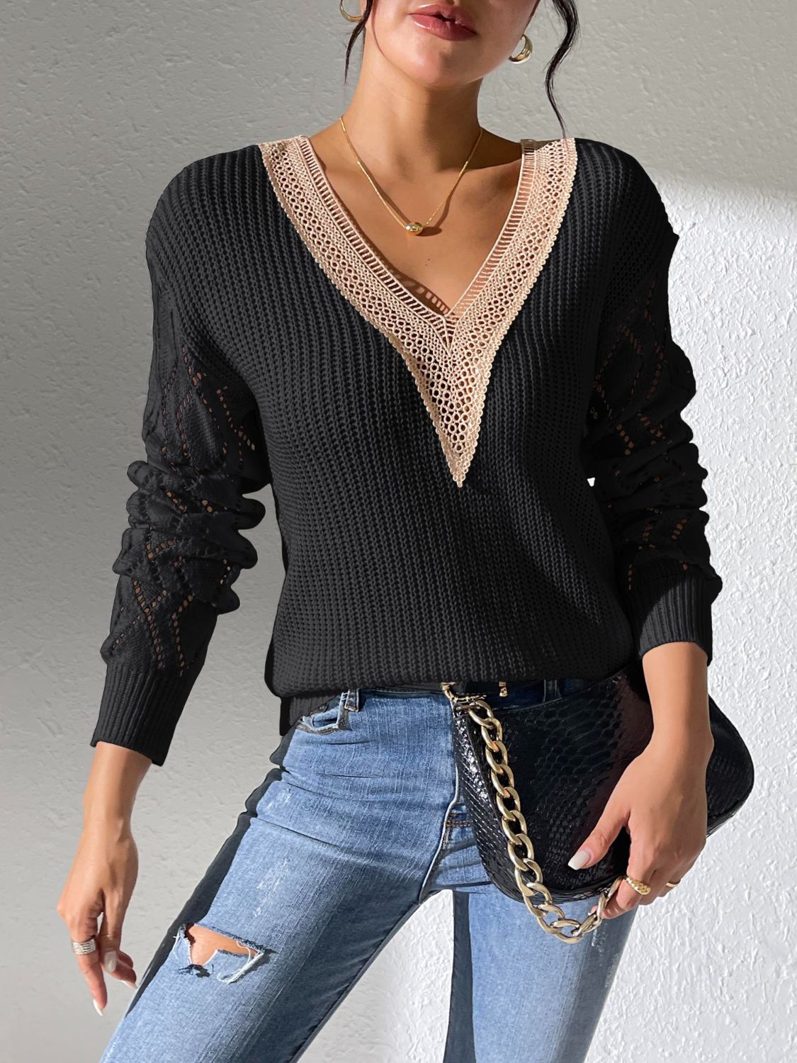 Openwork V-Neck Long Sleeve Sweater-Angel Casuals