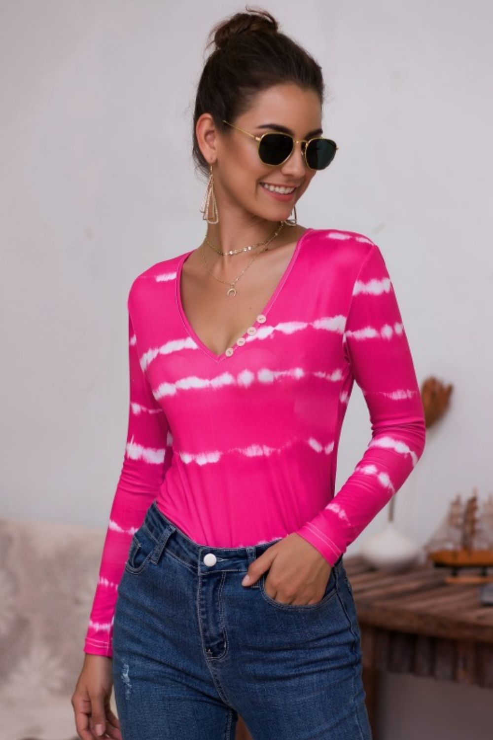 Tie-Dye Plunge Long Sleeve Top-Angel Casuals