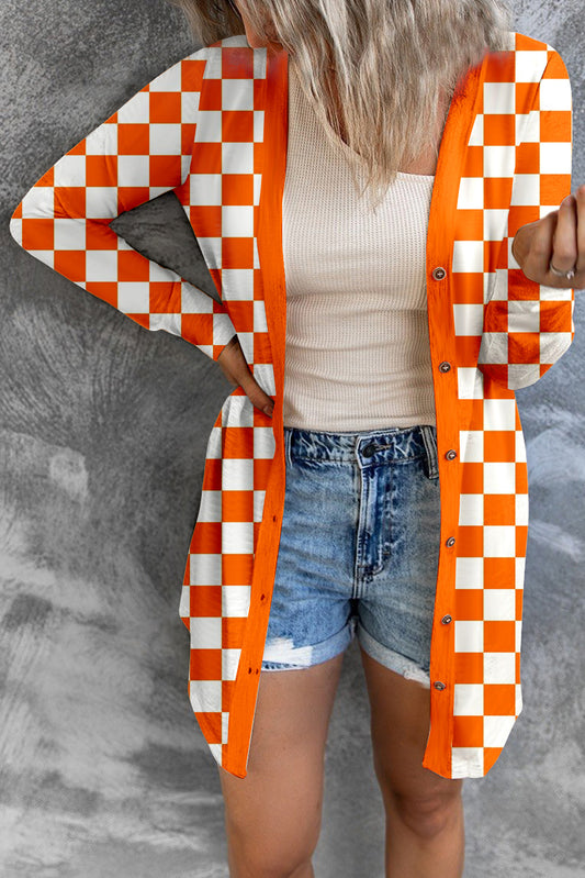 Checkered Button Up Long Cardigan-Angel Casuals