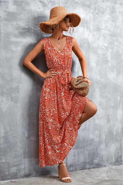 Printed V-Neck Tie Waist Maxi Dress-Angel Casuals