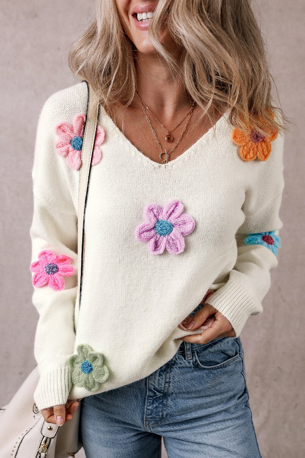 Crochet Flower V-Neck Long Sleeve Sweater-Angel Casuals