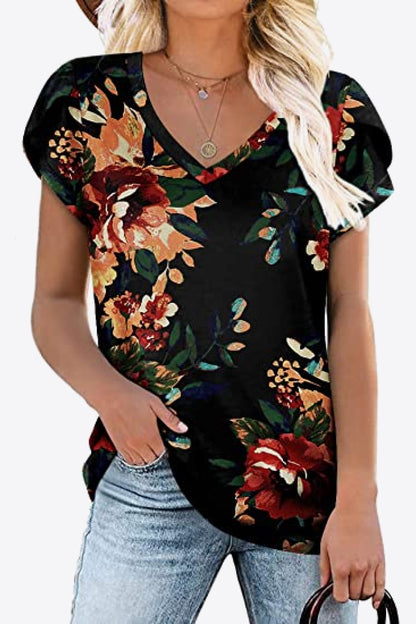 Printed Petal Sleeve V-Neck Blouse-Angel Casuals