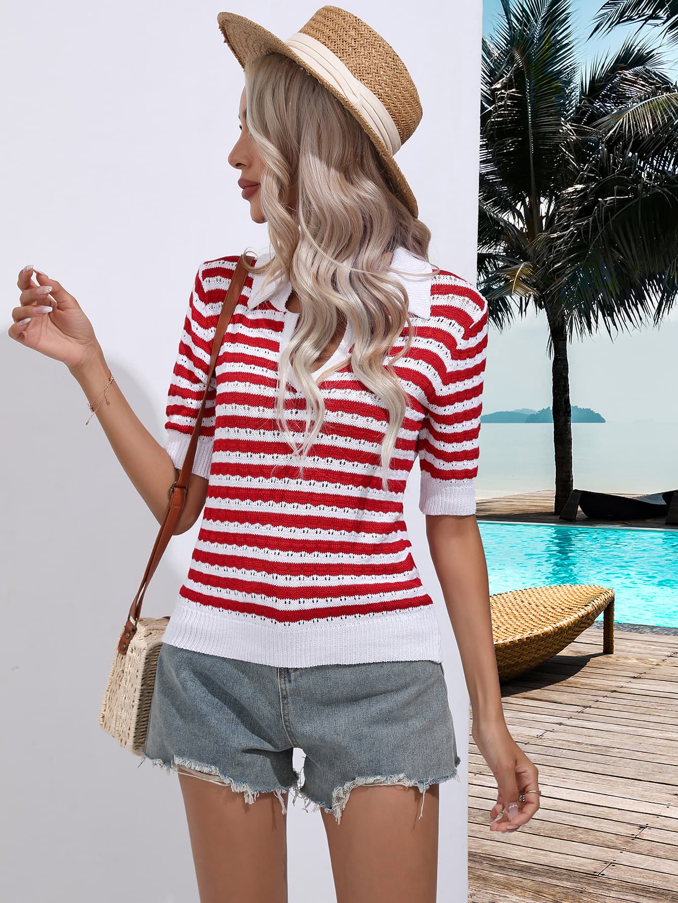 Striped Johnny Collar Half Sleeve Knit Top-Angel Casuals