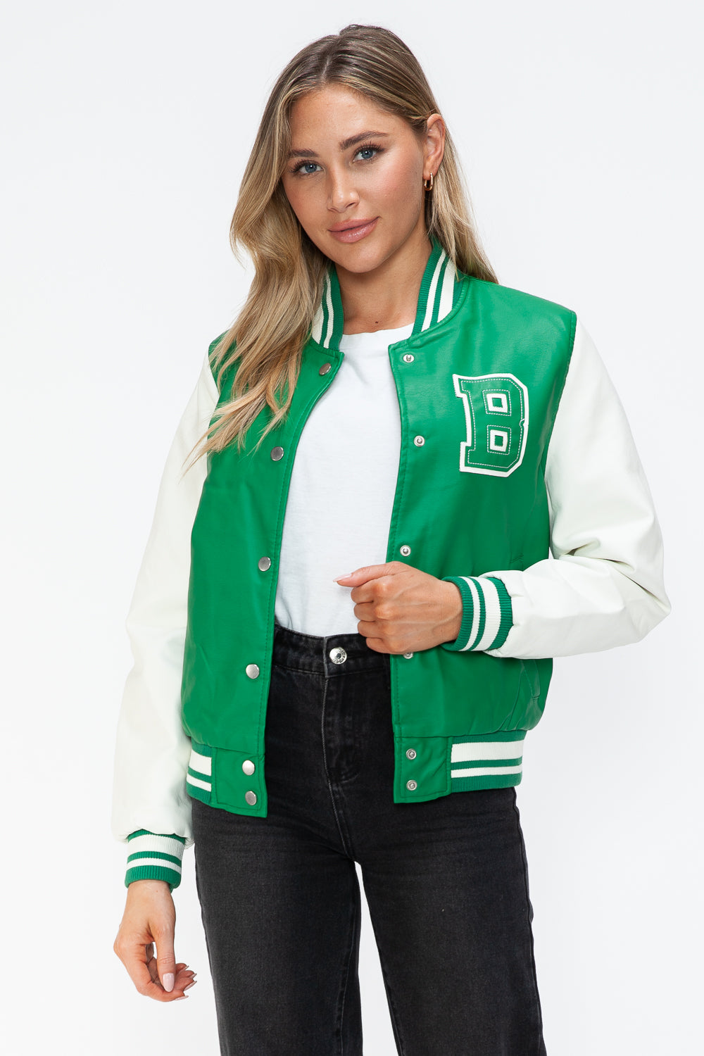 Love Me Now PU Leather Contrast Snap Down Bomber Jacket-Angel Casuals