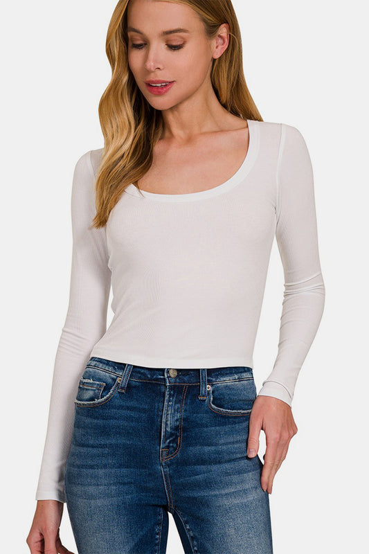 Zenana Scoop Neck Long Sleeve T-Shirt-Angel Casuals