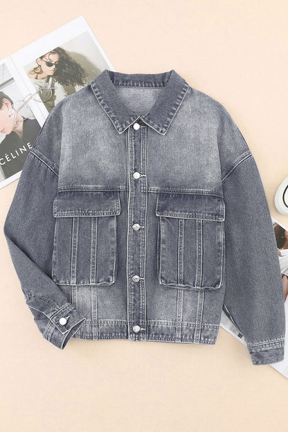 Collared Neck Button Up Denim Jacket-Angel Casuals