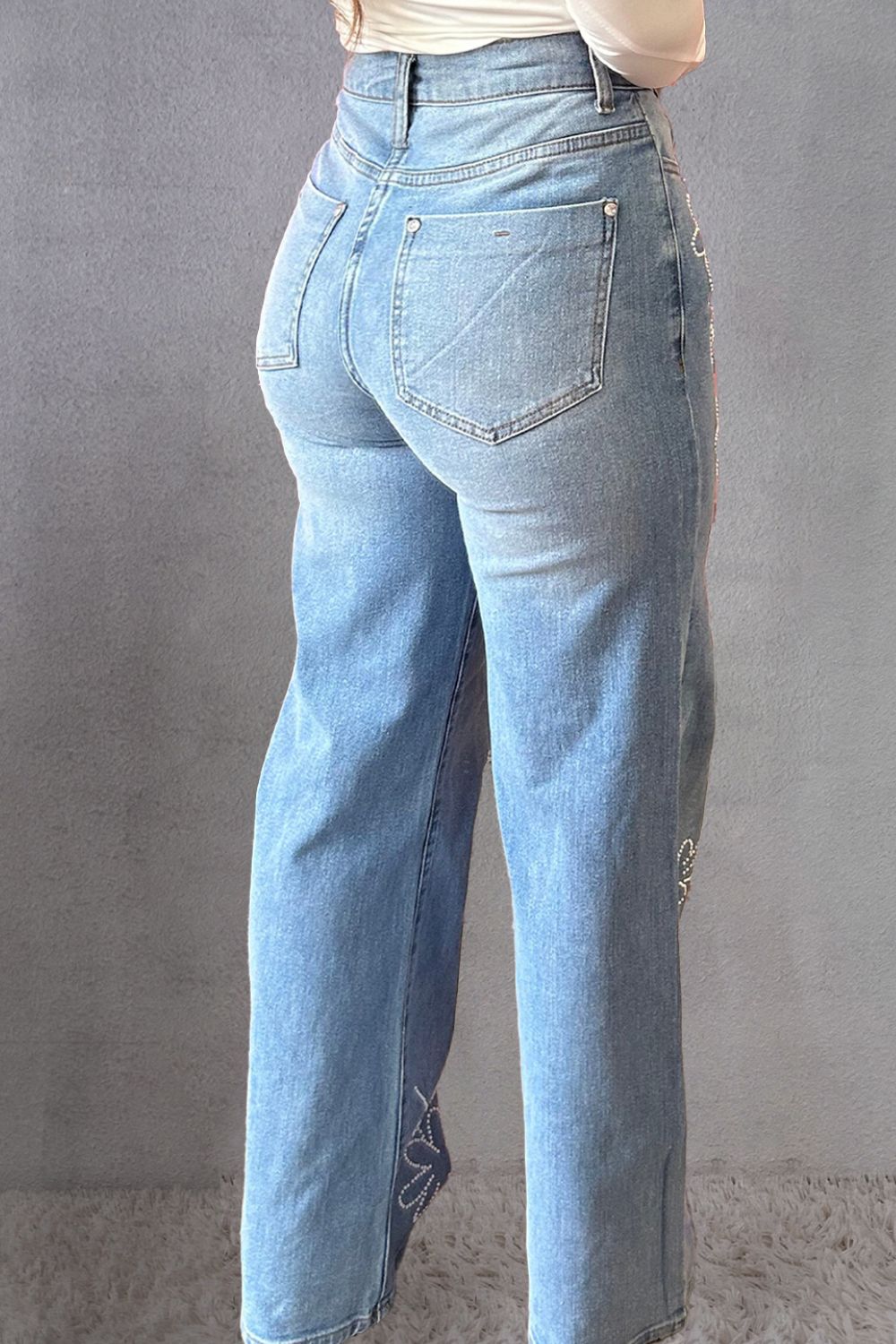 Rhinestone Straight Jeans with Pockets-Angel Casuals