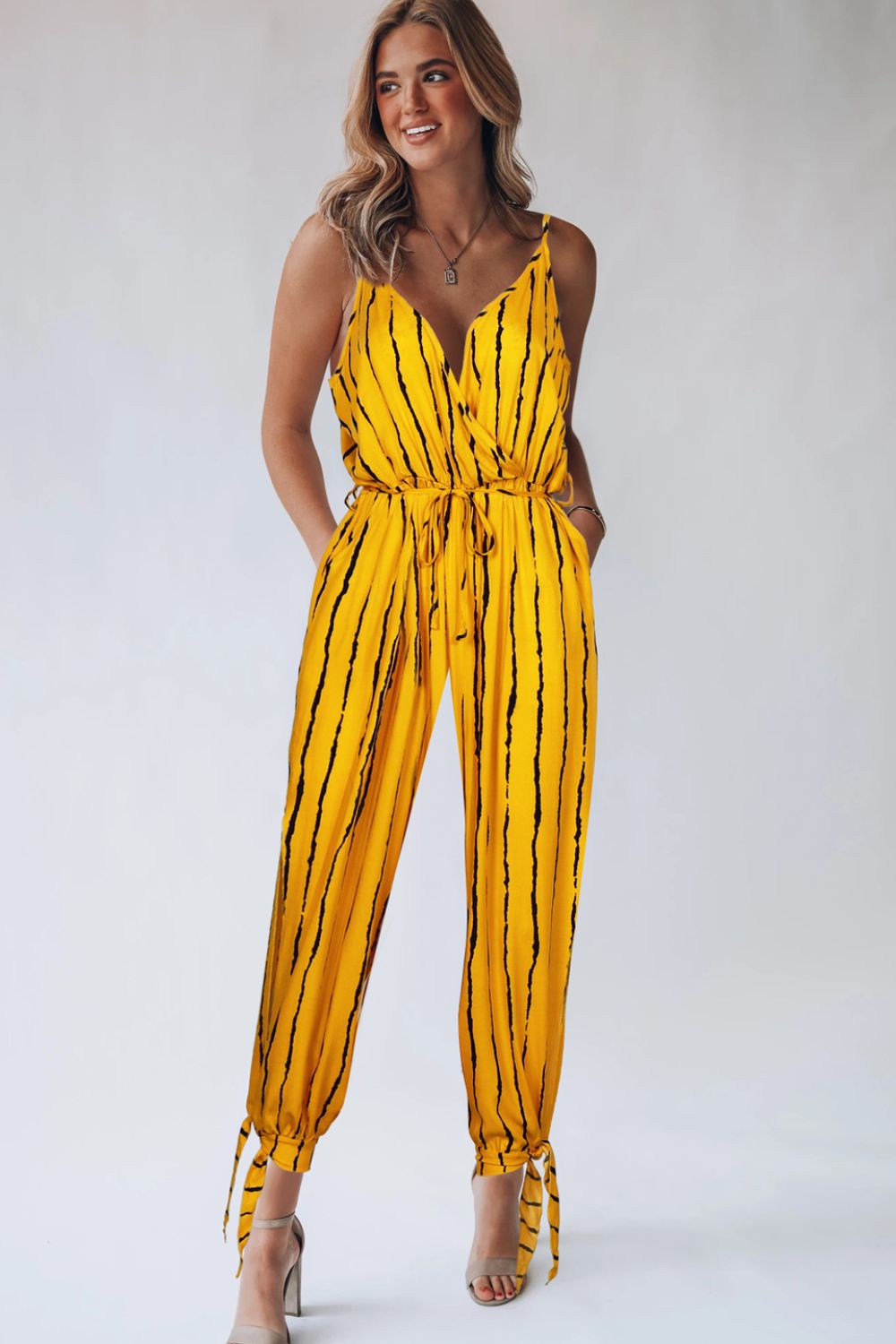 Striped Contrast Tie Ankle Spaghetti Strap Jumpsuit-Angel Casuals