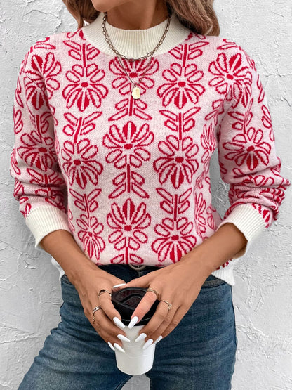 Perfee Flower Round Neck Long Sleeve Sweater-Angel Casuals