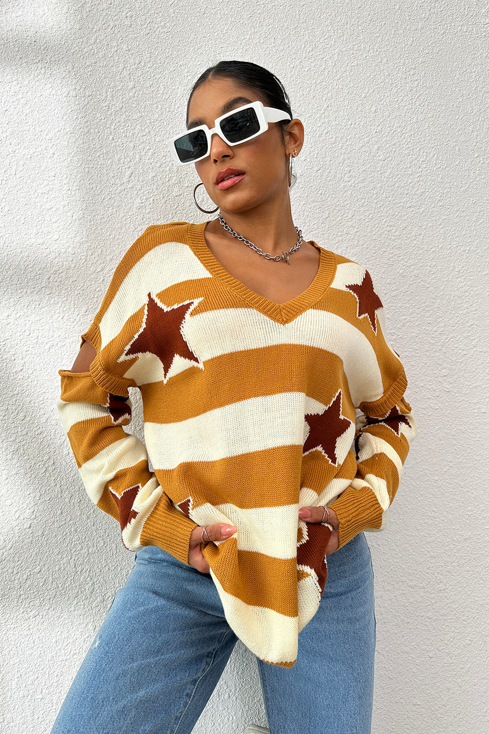 Star Pattern V-Neck Cutout Sweater-Angel Casuals