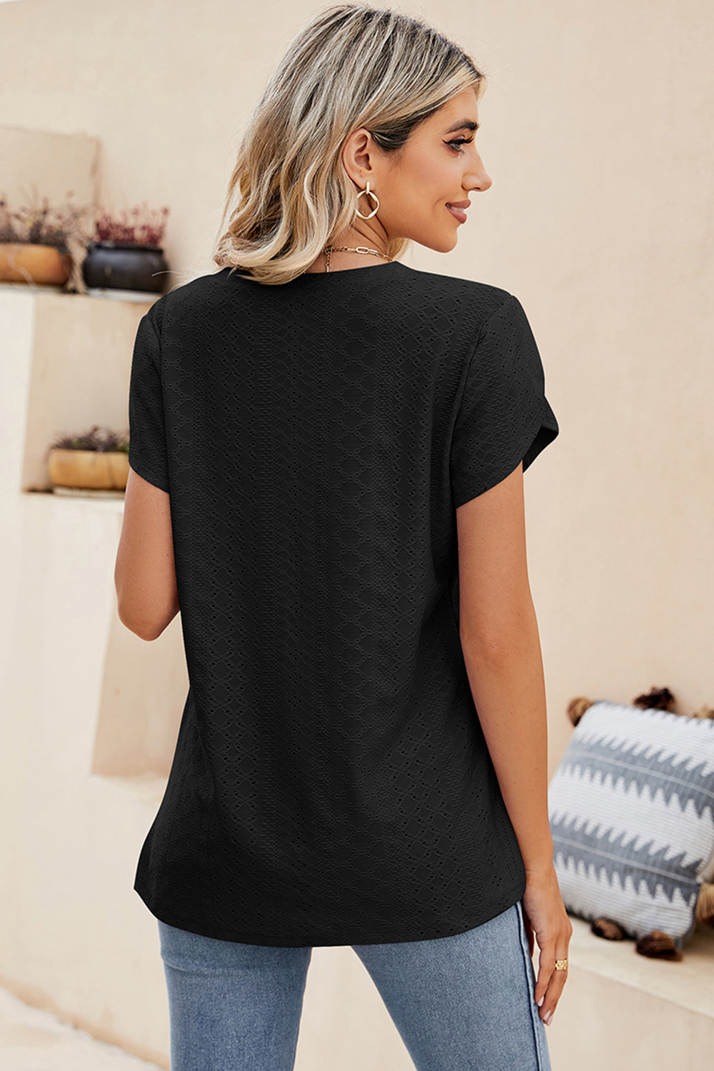 Eyelet V-Neck Petal Sleeve T-Shirt-Angel Casuals