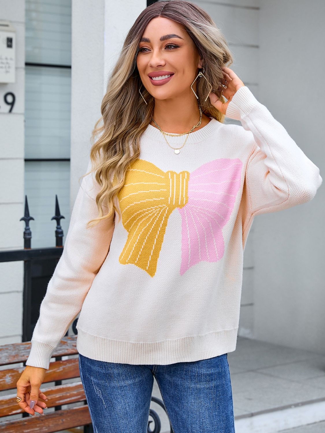 Angel Wings Bow Round Neck Dropped Shoulder Sweater-Angel Casuals
