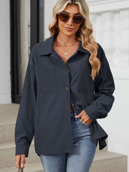 Button Up Dropped Shoulder Long Sleeve Outerwear-Angel Casuals