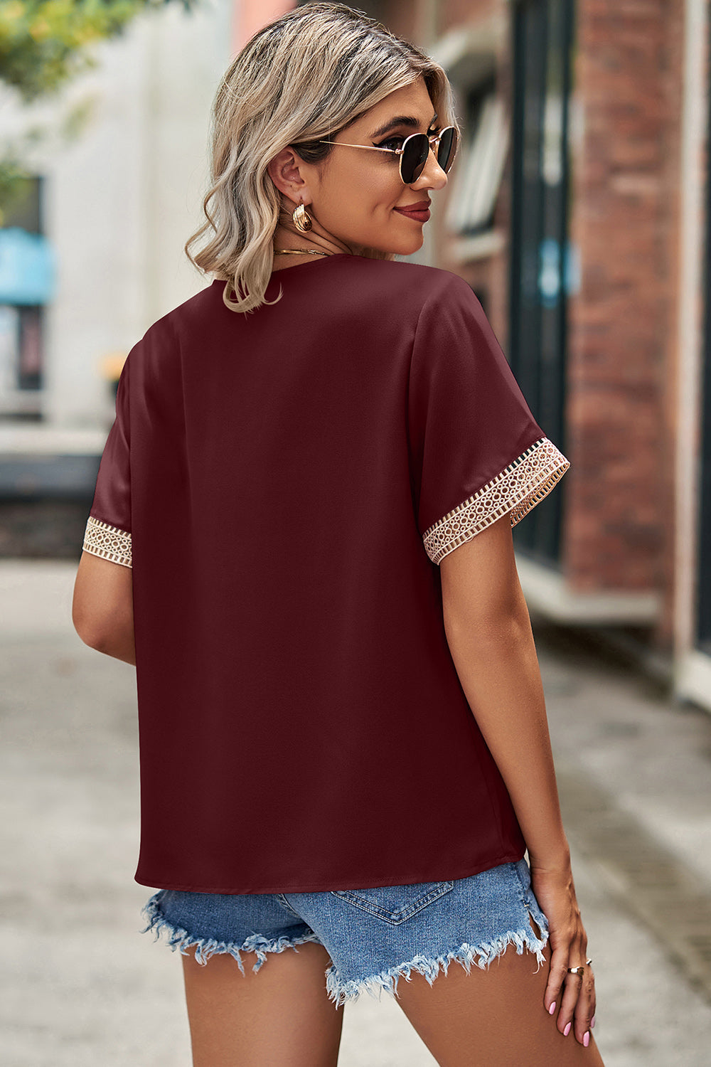 Openwork V-Neck Short Sleeve T-Shirt-Angel Casuals
