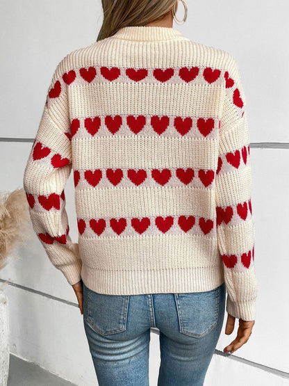 Heart Round Neck Dropped Shoulder Sweater-Angel Casuals