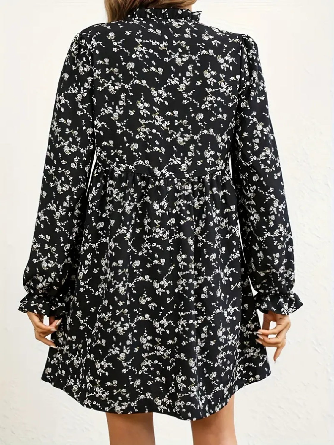 Ditsy Floral Notched Flounce Sleeve Dress-Angel Casuals