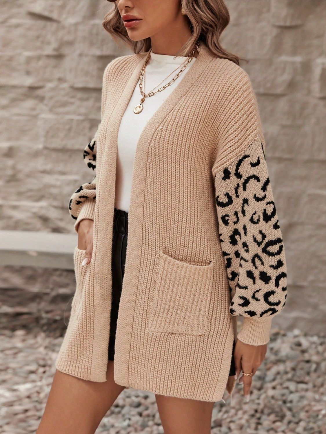 Pocketed Leopard Open Front Cardigan-Angel Casuals