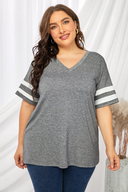 Plus Size Striped V-Neck Tee Shirt-Angel Casuals