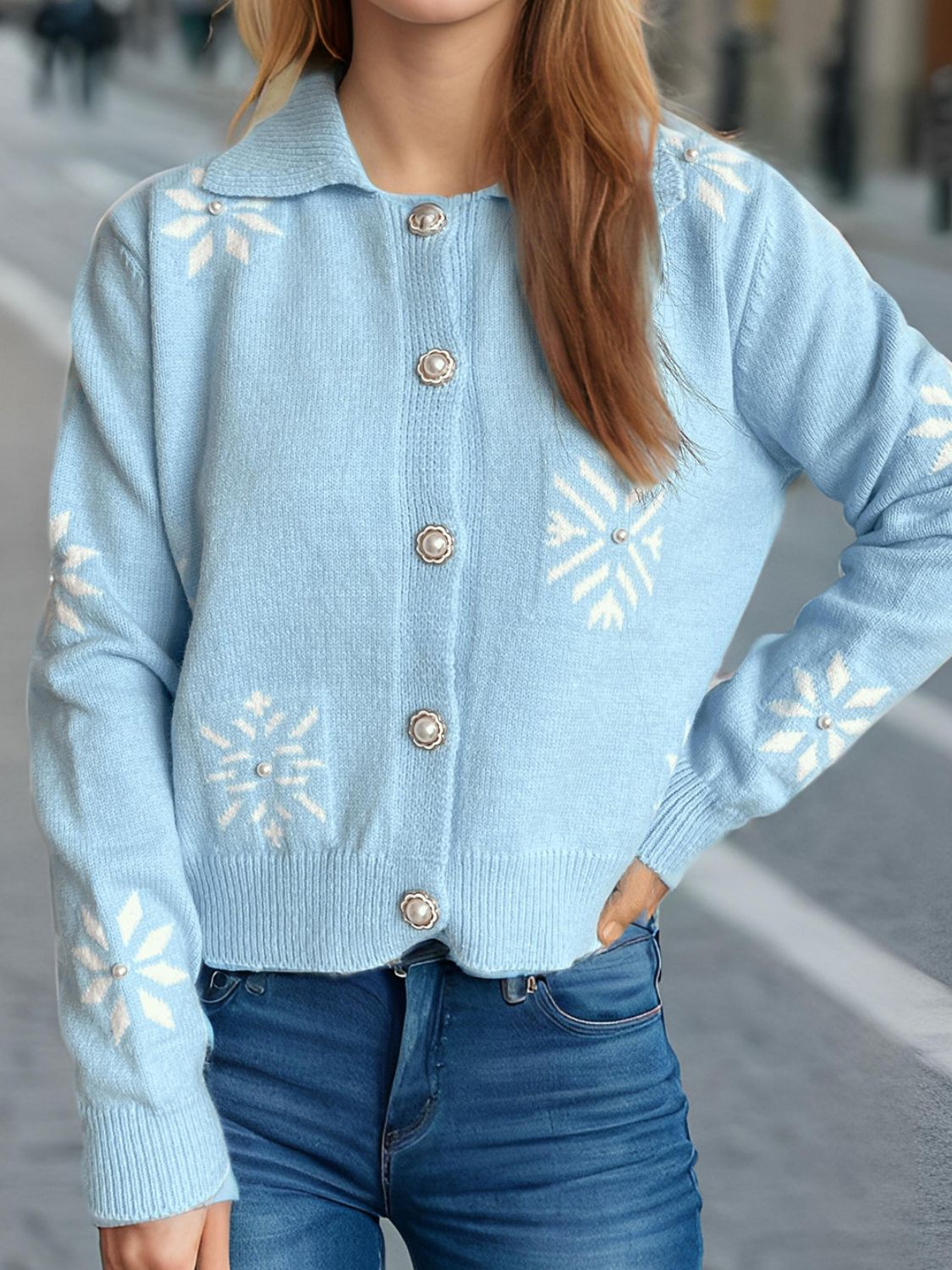 Pearl Trim Collared Neck Long Sleeve Cardigan-Angel Casuals