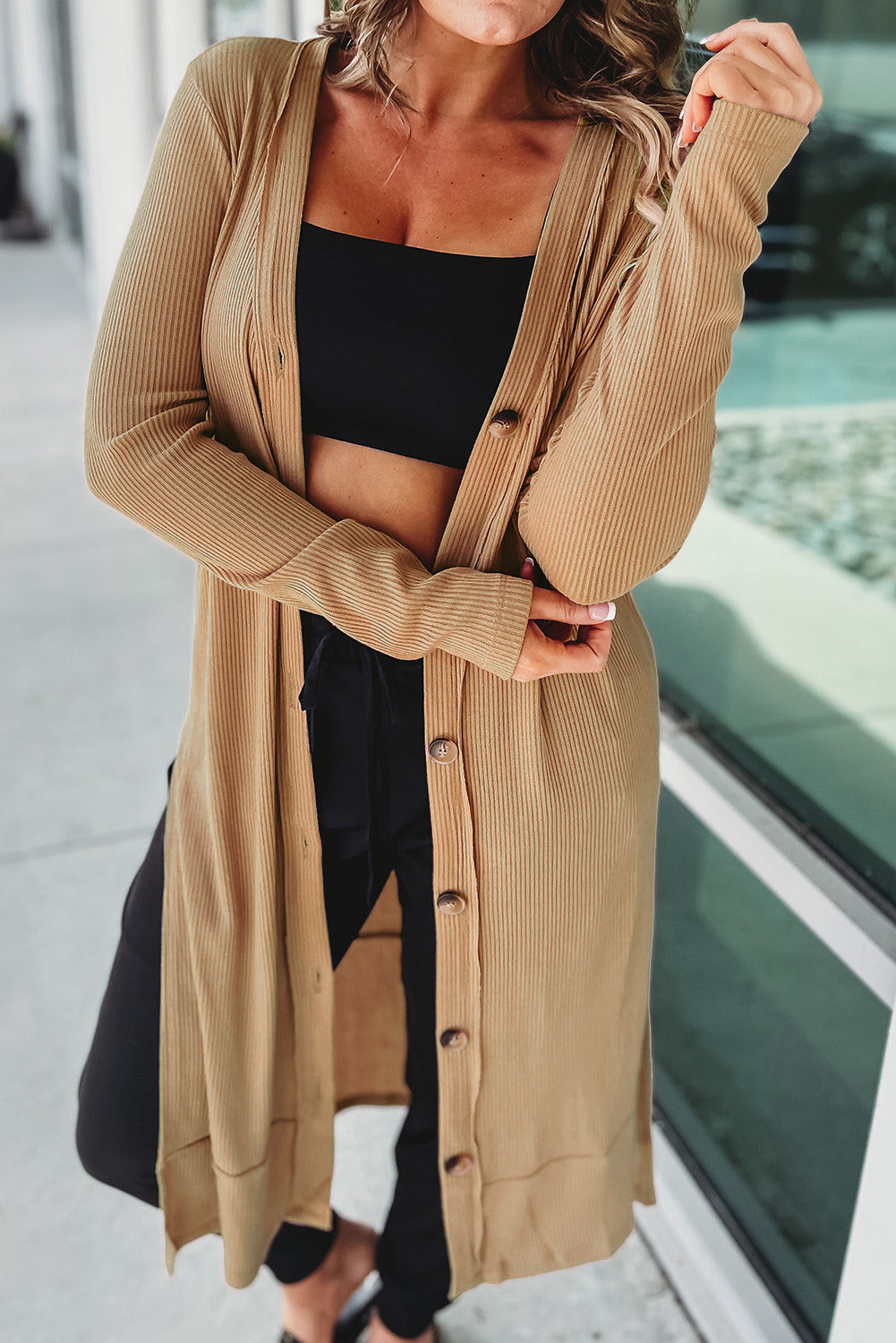 Button Up High-Low Long Sleeve Slit Cardigan-Angel Casuals