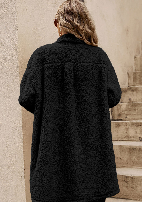 Collared Neck Long Sleeve Longline Teddy Jacket-Angel Casuals