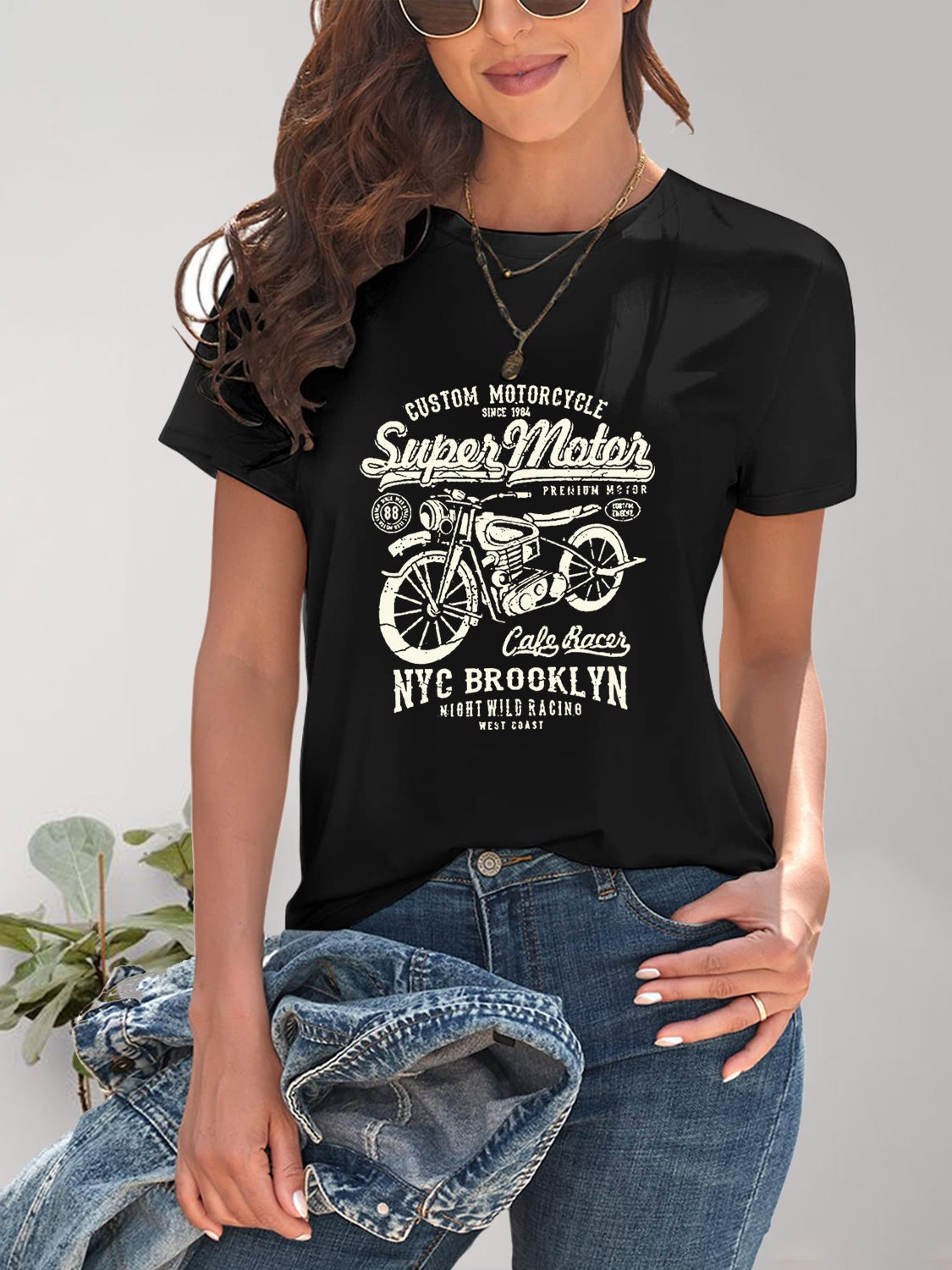 Motorcycle Graphic Round Neck T-Shirt-Angel Casuals