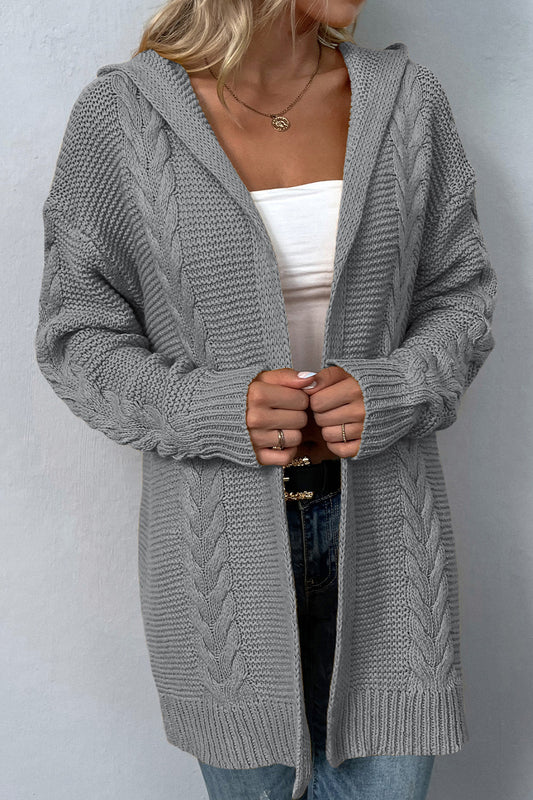 Cable-Knit Dropped Shoulder Hooded Cardigan-Angel Casuals