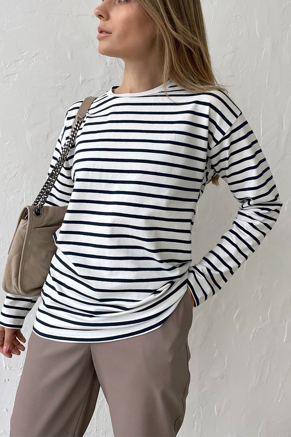 Round Neck Striped Dropped Shoulder T-Shirt-Angel Casuals