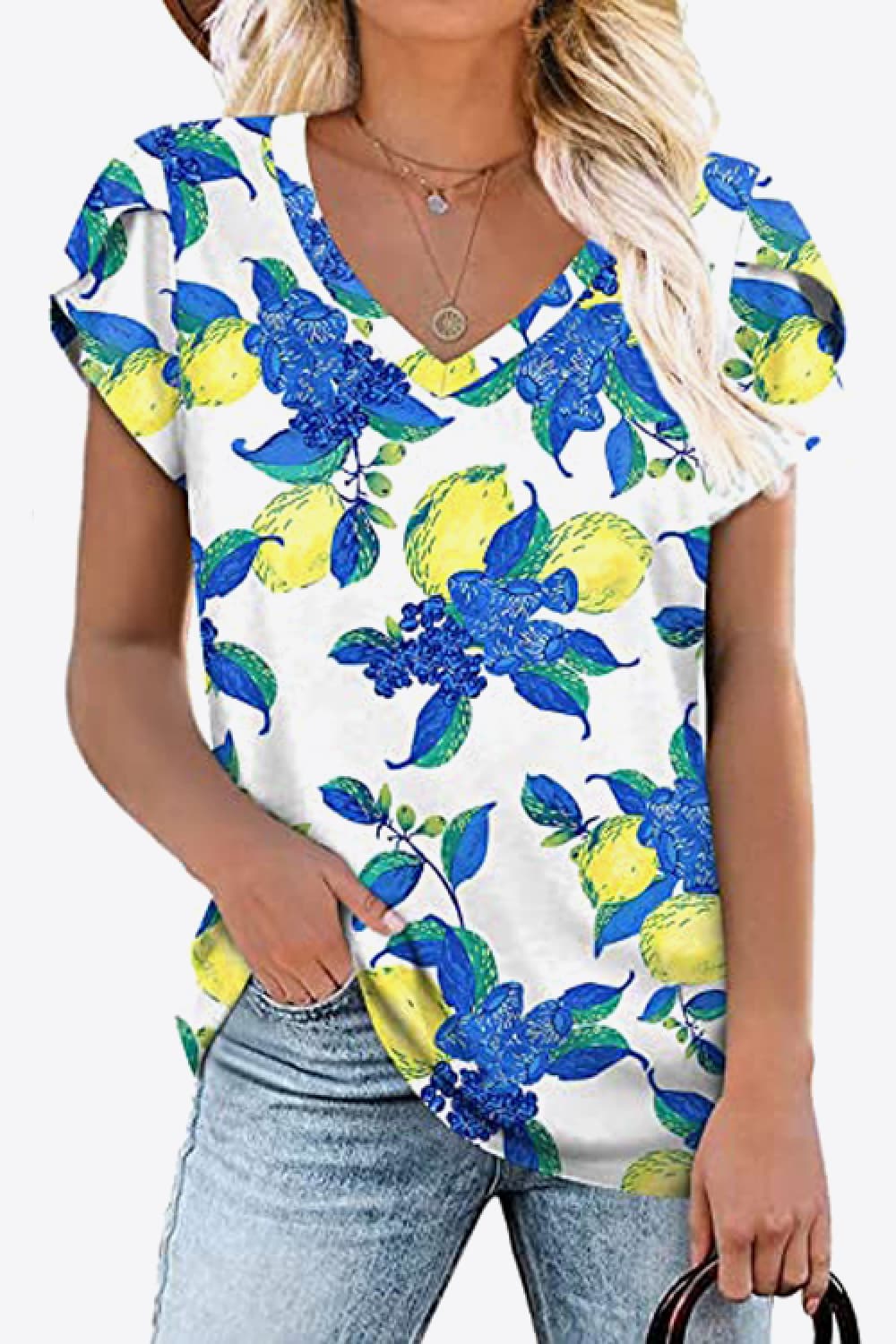 Printed Petal Sleeve V-Neck Blouse-Angel Casuals