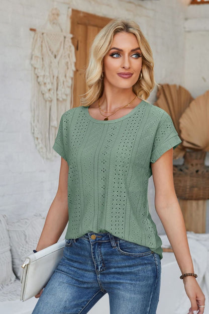 Eyelet Round Neck Rolled Short Sleeve T-Shirt-Angel Casuals