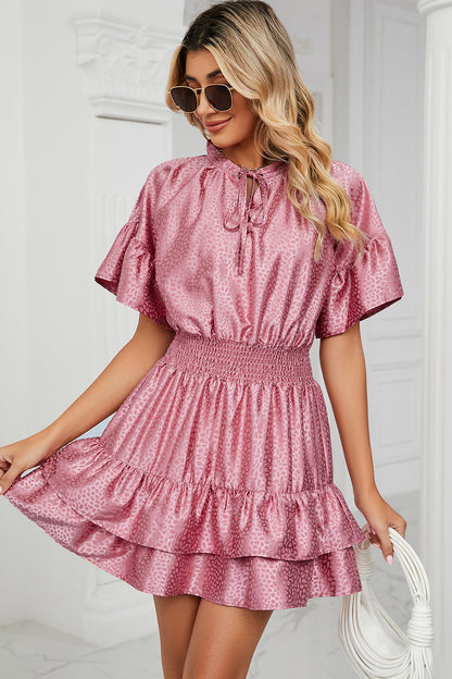 Smocked Tie Neck Flounce Sleeve Dress-Angel Casuals