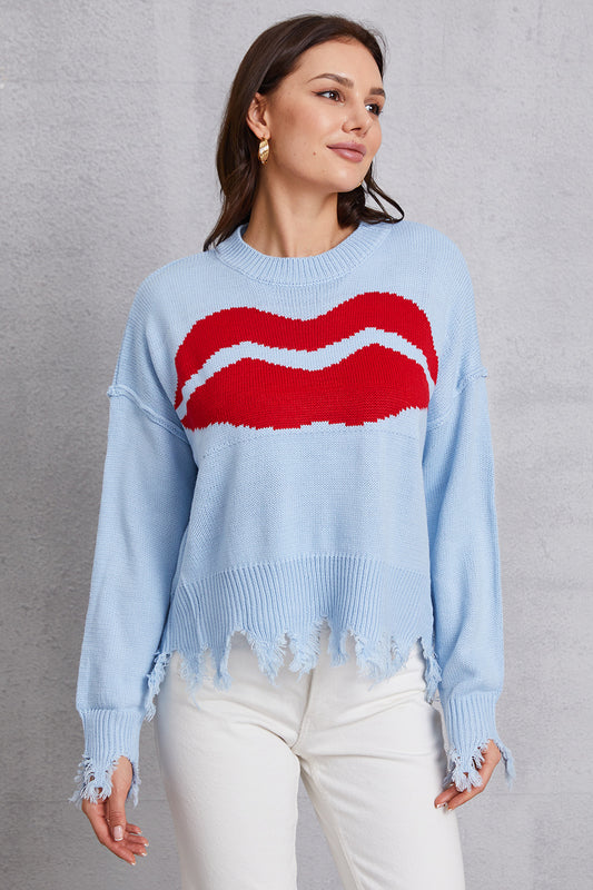 Lip Fringe Round Neck Sweater-Angel Casuals