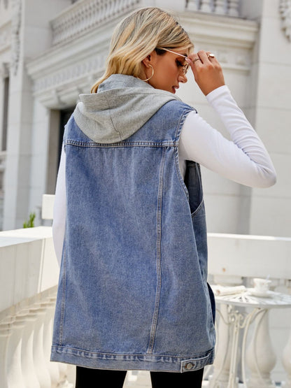 Drawstring Hooded Sleeveless Denim Top with Pockets-Angel Casuals