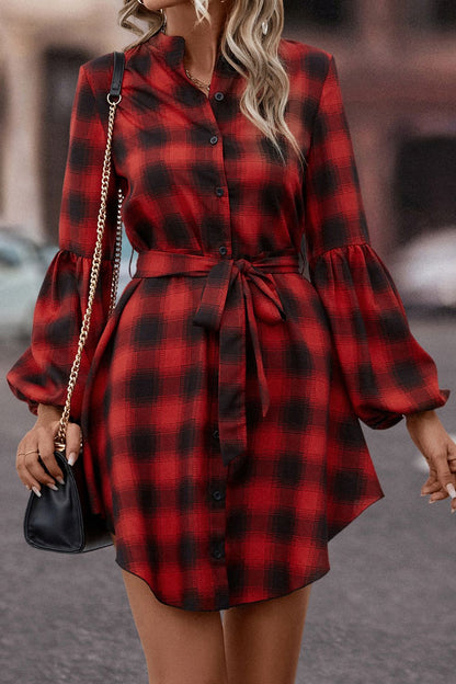 Plaid Tie Waist Balloon Sleeve Mini Dress-Angel Casuals