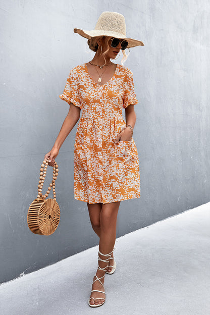 Printed Button down Pocketed Dress-Angel Casuals