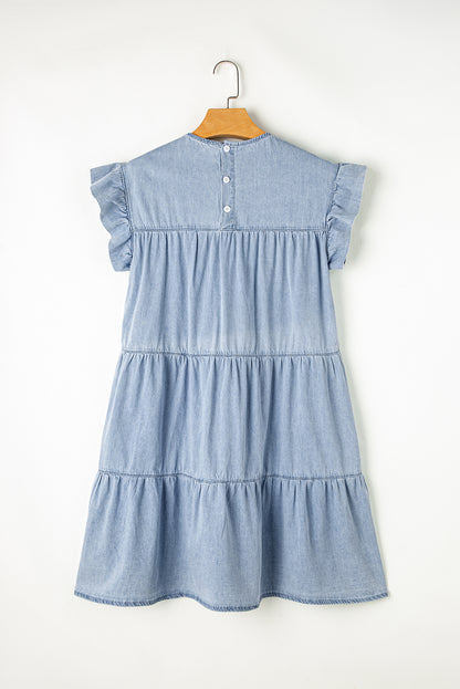 Ruffled Round Neck Cap Sleeve Denim Dress-Angel Casuals